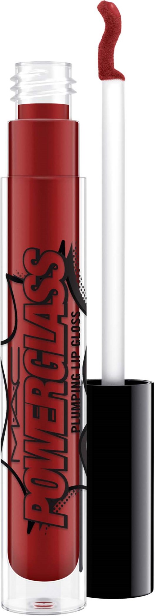 Red tube of lip gloss with a black power in the background. The lid is open, showing the applicator.