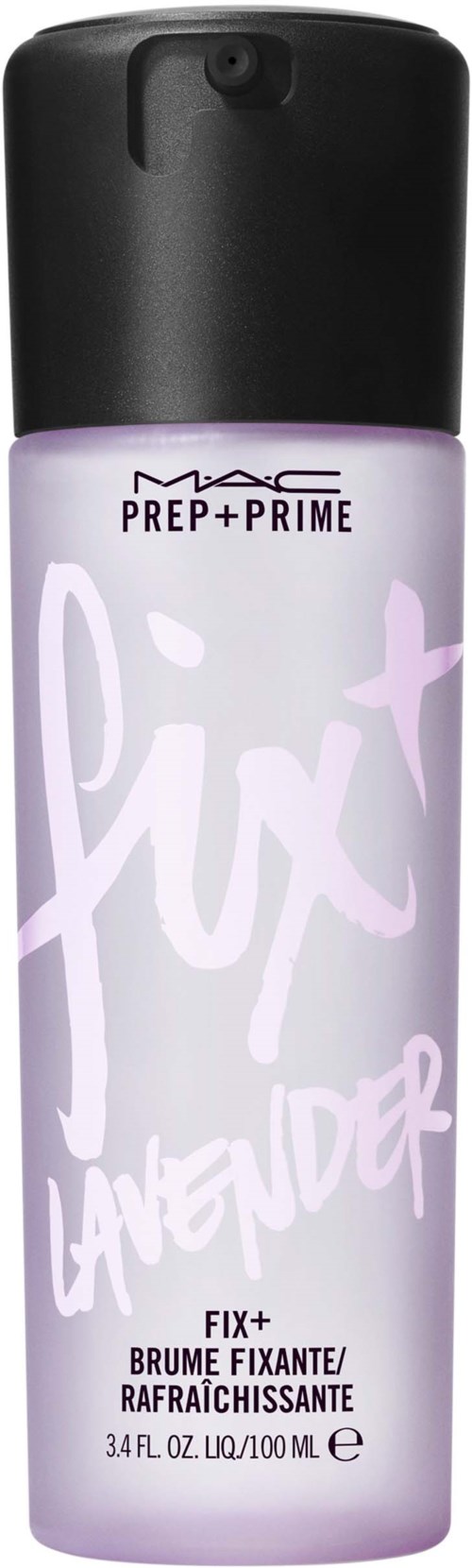 A light purple spray bottle of MAC Fix+ Lancome with black cap, used for setting makeup.