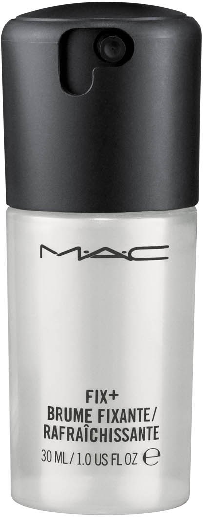 Pieni valkoinen pullo mustalla kannella, merkinnällä MAC FIX+ kasvospray.