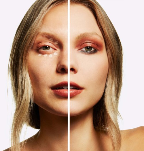 Halbes Gesicht zeigt Schönheitsveränderung mit Unterschieden in Make-up, Haut und Haaren.