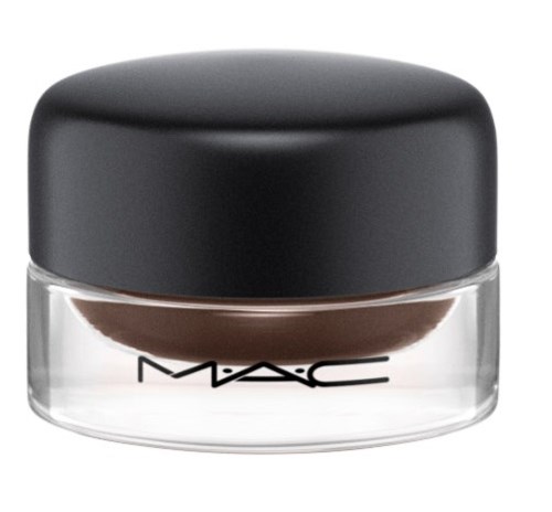 En liten beholder med mørk brun makeup eller øyenskygge med svart lokk og gjennomsiktig basseng, MAC-logo på forsiden.