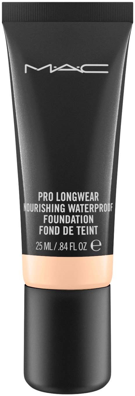 Czarna tubka podkładu MAC Pro Longwear z beżową podstawą, 25 ml, oznaczony jako wodoodporny i odżywczy.