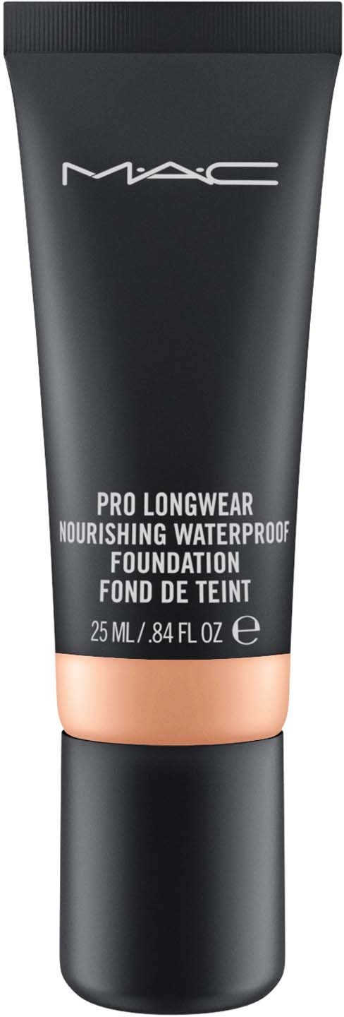 Czarna tube podkładu MAC z napisem 'Pro Longwear Nourishing Waterproof' z brzoskwiniową podstawą.