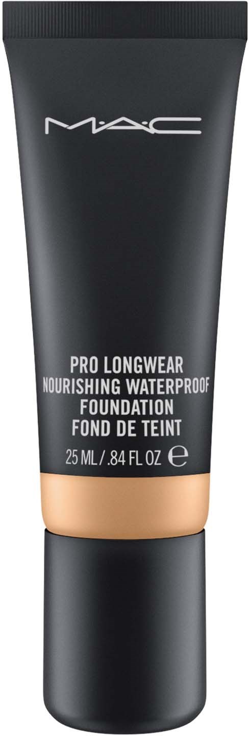 Czarna tubka z białym tekstem, zawiera odżywczą wodoodporną podkład, 25 ml. Logo MAC na górze.