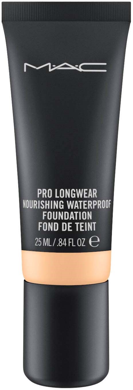 Schwarze Tube mit MAC Pro Longwear Foundation mit beiger Basis, ohne sichtbaren Deckel, mit Produktdetails.