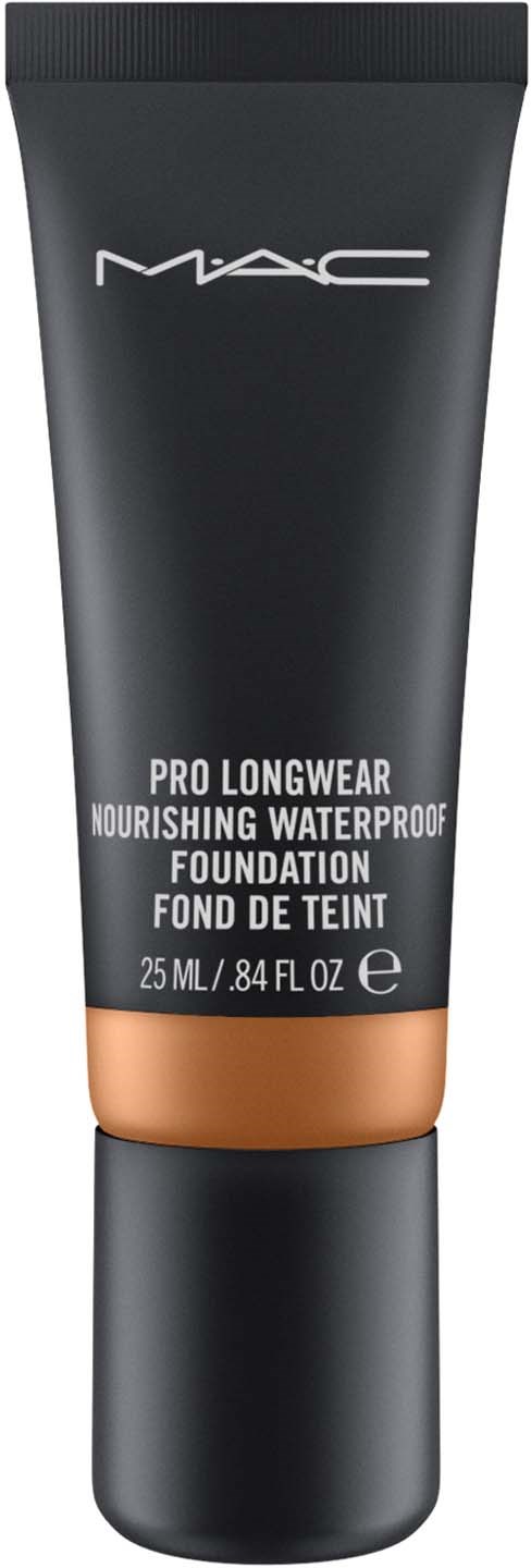 Czarna tubka z beżowym paskiem u dołu, oznaczona MAC Pro Longwear Foundation, wodoodporna i odżywcza.