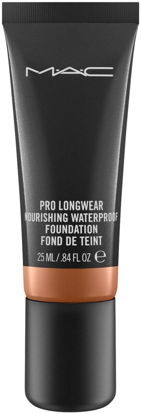En svart tub med kopparband nära botten, märkt MAC Pro Longwear Foundation, vattentät och närande.