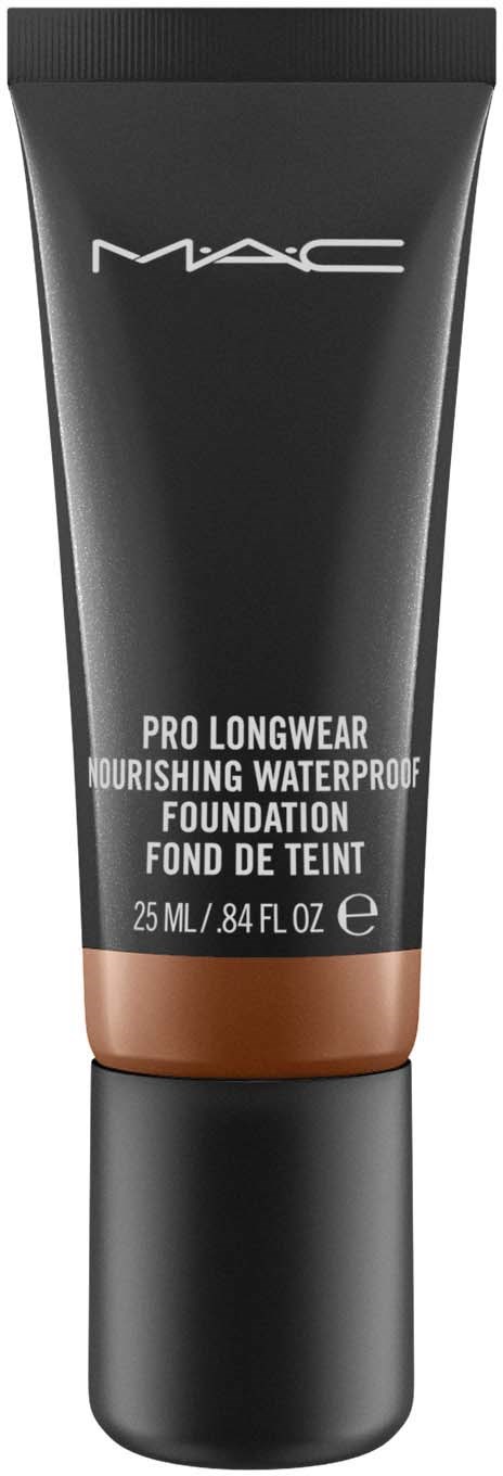 Svart och brunt rör av MAC-foundation med text som visar att den är vattentät och håller länge.