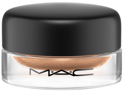 Kleiner klarer Behälter mit schwarzem Deckel, enthält beige Gesichtspuder, und MAC-Logo auf der Vorderseite.