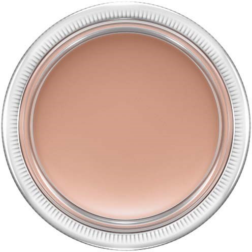 Een ronde container met deksel, gevuld met beige kleurige crème of make-up product.