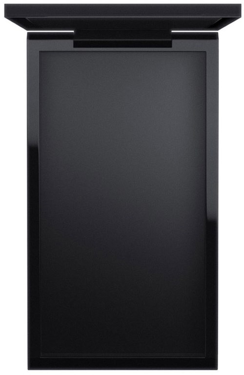 Een zwart elektronisch apparaat met een groot scherm, mogelijk een tablet of een digitaal tekentablet, met een scharnier bovenaan.