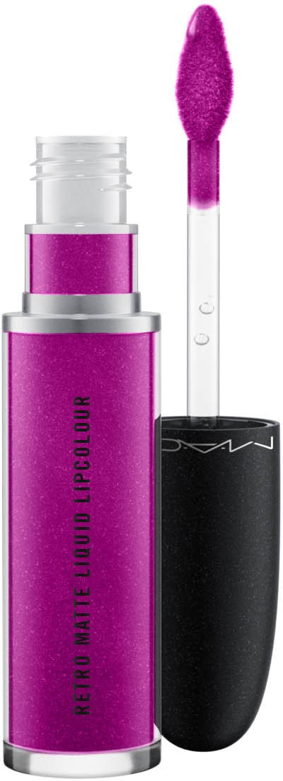 Een heldere paarse vloeibare lippenstift in een doorzichtige buis met een zwart deksel en applicator.