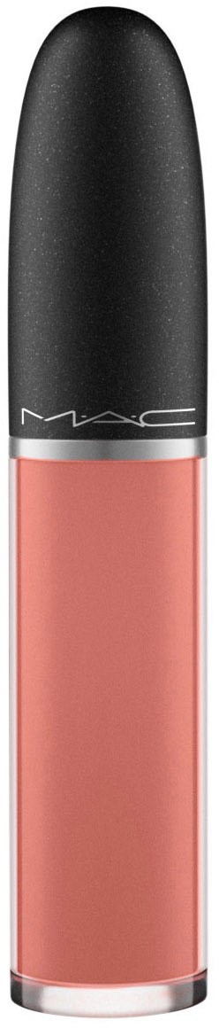 MAC-Lippenstift mit schwarzem Deckel und rosa Lippenfarbe in durchsichtigem Fläschchen.