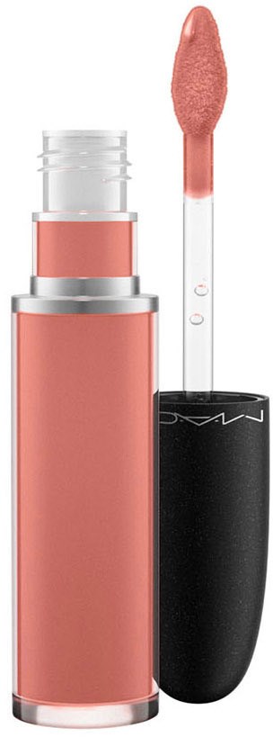 Ein Lipgloss in Pfirsichfarbe mit einem klaren Applikator. Der schwarze Deckel hat das MAC-Logo.