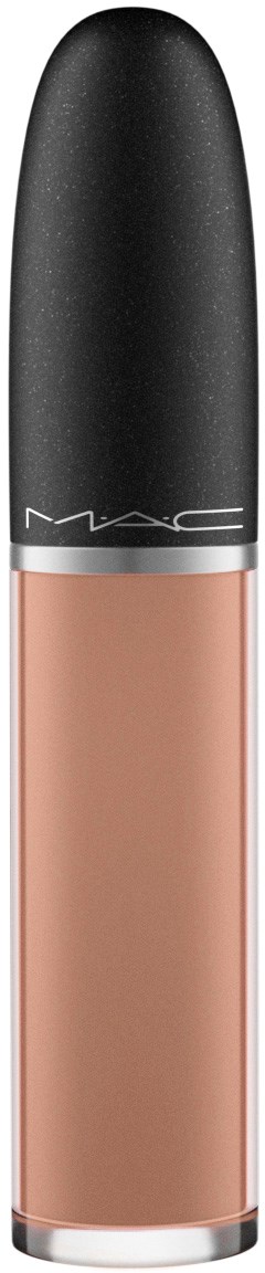 Ein MAC-Concealer in einer Tube mit schwarzem Deckel, beigefarbener Flüssigkeit und einem Silberstreifen in der Nähe des oberen Endes.