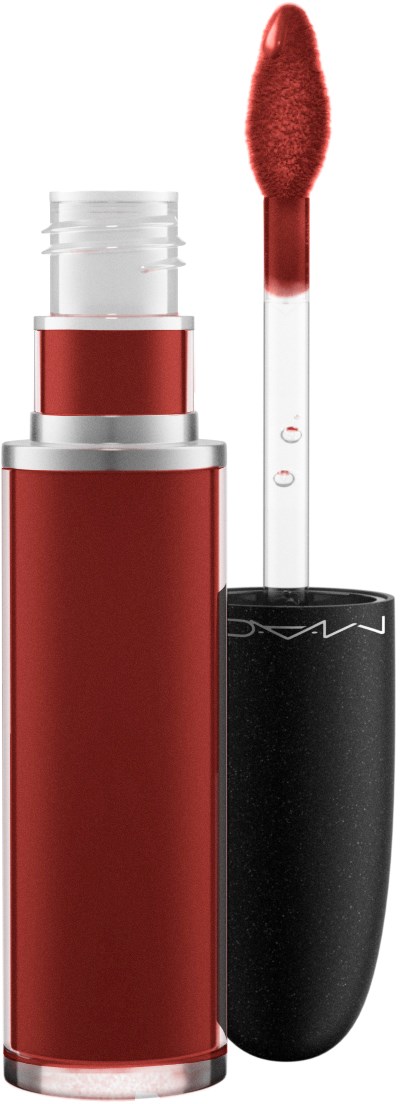 Lippenserum in offener Hülse mit Applikator, der rote Glanz zeigt.