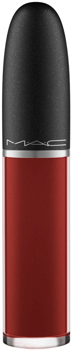 Ein Lippenstift mit schwarzem Deckel, Silberrand und rotem Glanz sichtbar.