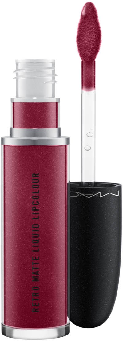 NARS flüssiger Lippenstift in tiefes Pink mit Applikator über dem schwarzen Deckel.