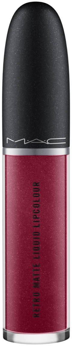 Ein Lippenstift mit schwarzem Deckel und rotem unteren Teil, beschriftet 'Retro Matte Liquid Lipcolour'.