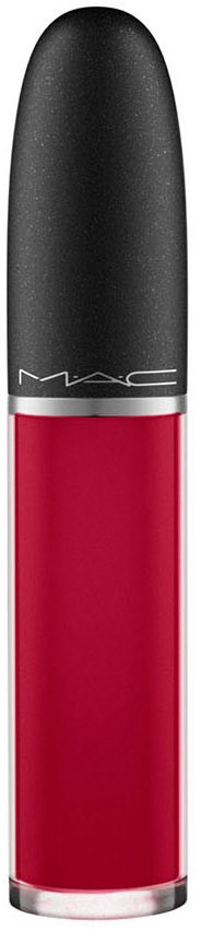 The image shows a red liquid lipstick from MAC with a black and silver cap.