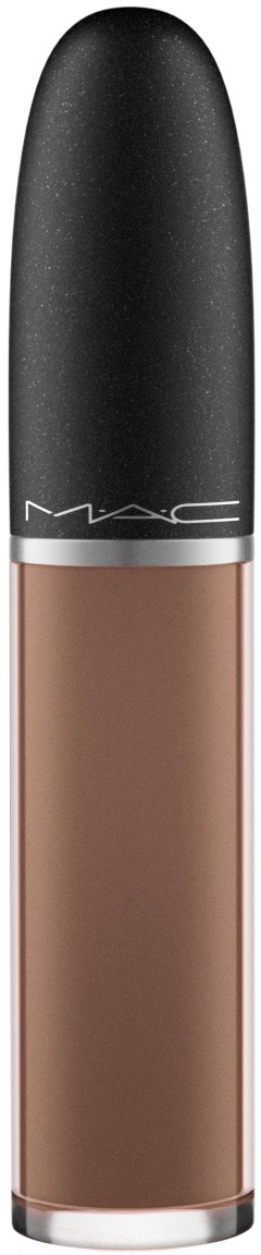 Ein MAC lipgloss mit schwarzem Deckel und transparentem Körper, der beige Farbe zeigt.