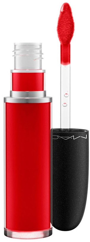 Een rode vloeibare lipstick met zwarte dop en doe-foot applicator.