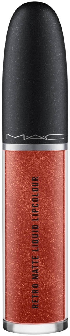 Ein Lippenstift mit schwarzem Deckel und glitterrotem Körper, Marke MAC, bezeichnet als Retro Matte Liquid Lipcolour.