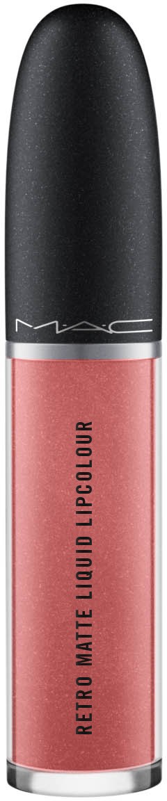 A tube of MAC Retro Matte Liquid Lipcolour in a pink shade with black cap.