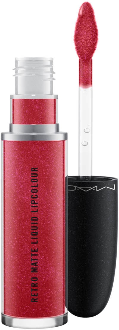 Roter flüssiger Lippenstift in durchsichtigem Rohr mit weißer und schwarzer Kappe, inklusive Applikatorschwamm.