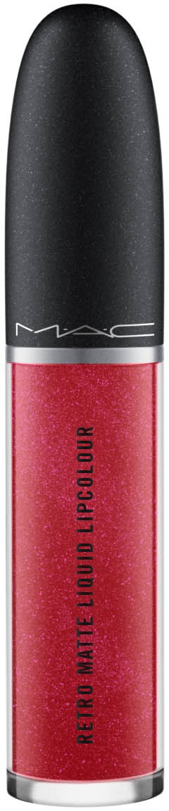 Ein schwarzer und rosa Lipgloss-Behälter mit MAC-Logo und den Worten "Retro Matte Liquid Lipcolour."