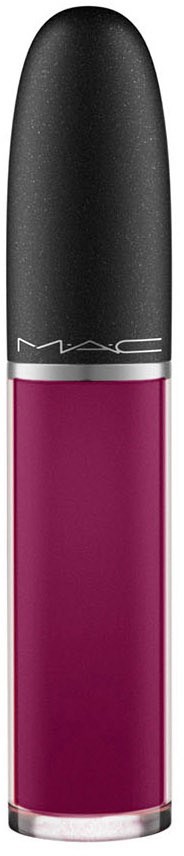 Eine Tube MAC-Lippenstift in tiefmagenta Farbe mit schwarzem Deckel.