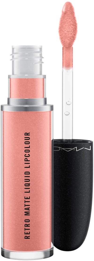 Ein Lipgloss-Tube mit dem Label MAC Retro Matte Liquid Lipcolour, in pfirsichrosa Farbton, mit Applikator.