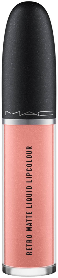 Eine MAC Retro Matte Liquid Lipcolour-Flasche in Pink, mit schwarzem Deckel und Markenlogo, steht aufrecht.
