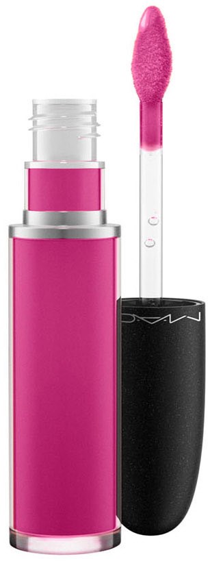 Ein pinkfarbener Lipgloss mit Applikator außerhalb der Tube und ohne Deckel.