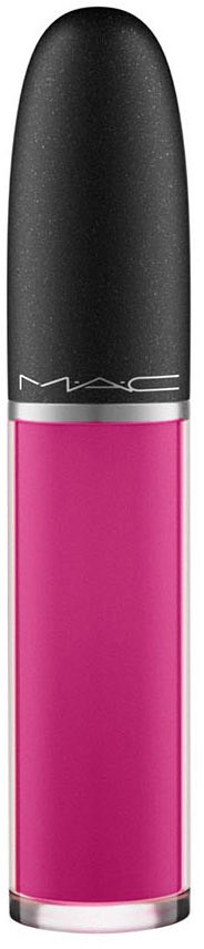 Ein pinkes flüssiges Lippenstift-Behältnis mit schwarzem Deckel, Marke MAC. Kompakte und elegante Gestaltung.