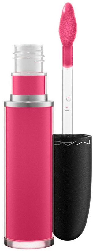 Roter Lippenstift mit Applikator, schwarzer Deckel und durchsichtiger Körper, der die pinke Farbe zeigt.