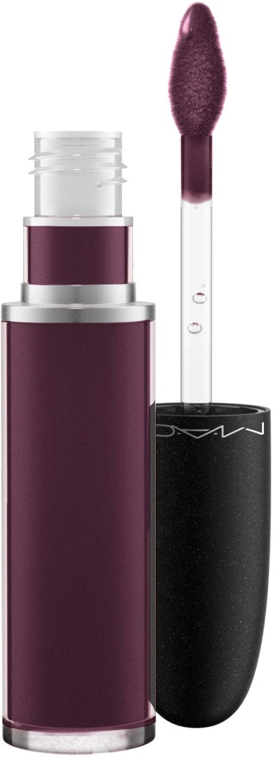Ein lila flüssiger Lippenstift in einer klaren Tube mit schwarzem Deckel und Applikatorstab.
