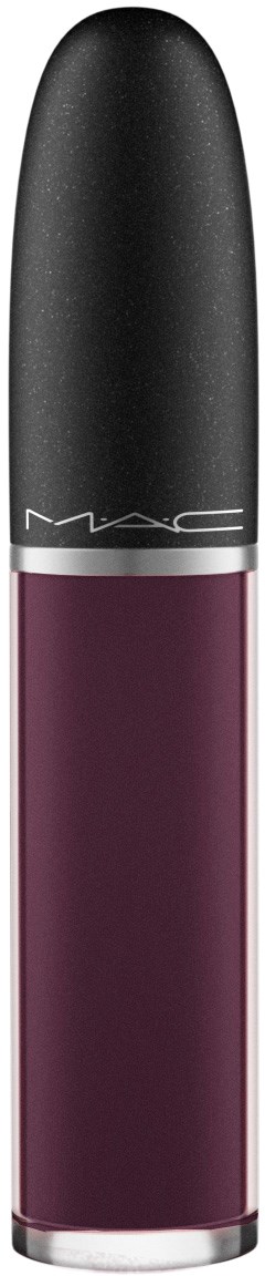 Ein Lippenstift mit schwarzen Deckel, lila Körper und silberner Basis. MAC ist auf dem Deckel sichtbar.