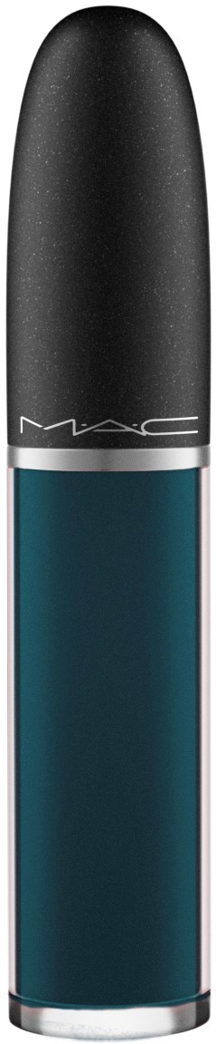 Ein MAC-Lippenstift mit schwarzem Deckel und blauer Korpus, einfaches und elegantes Design.