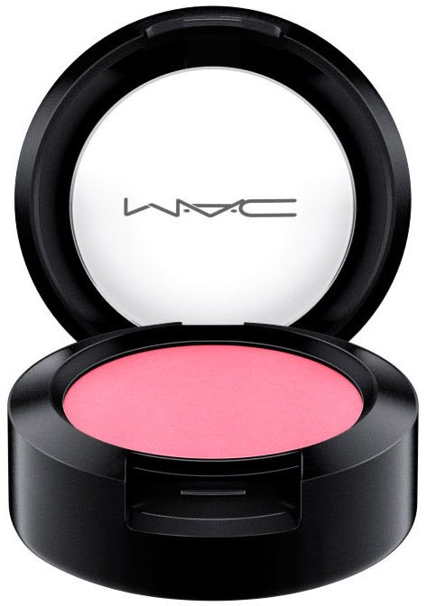 Ein runder schwarzer Behälter mit rosa Make-up und einem weißen Deckel mit MAC-Logo.