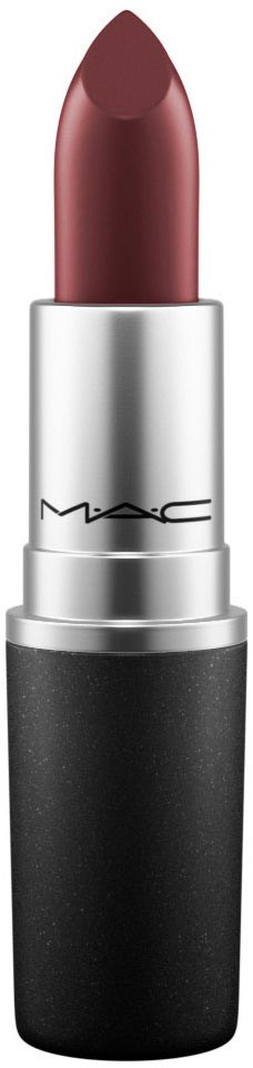 A MAC lipstick in a black and silver case with a brownish-red color. Arrow shape at the top.