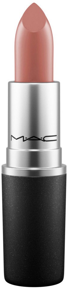 Et MAC leppestift med nude farge, sølv og svart tube, og MAC-logo på.
