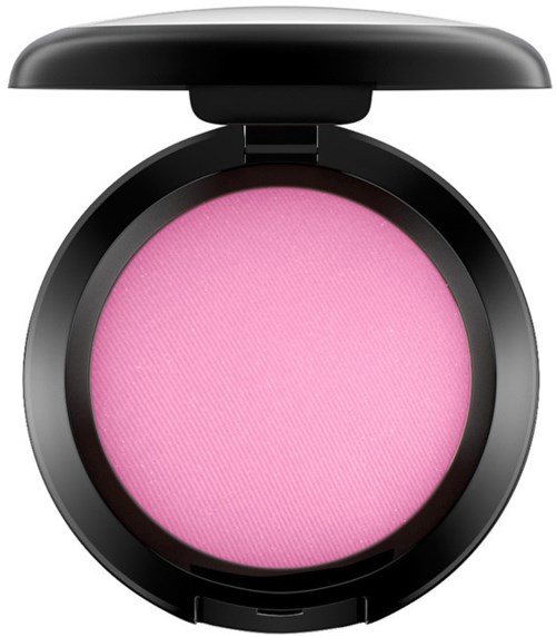 Ett rosa blush smink i ett runt svart kompakt, med locket öppet som visar produkten.