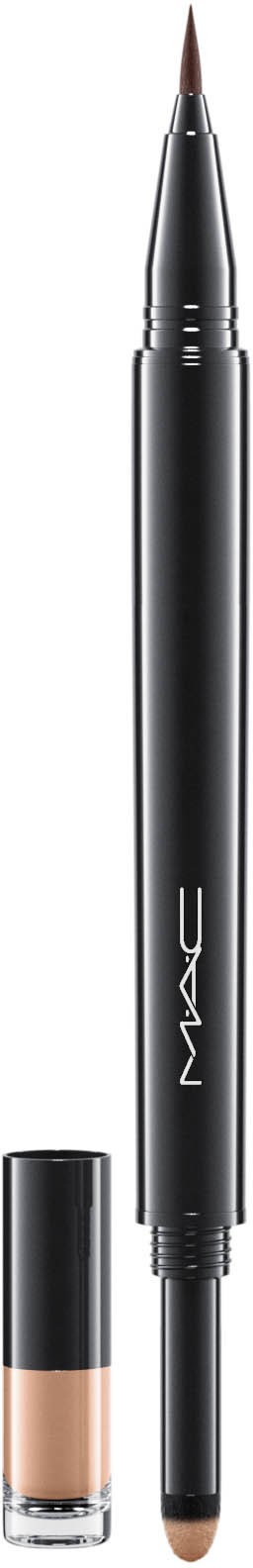 En svart makeuppenna med spets, lock och beige vätska inuti. Den har MAC-loggan.