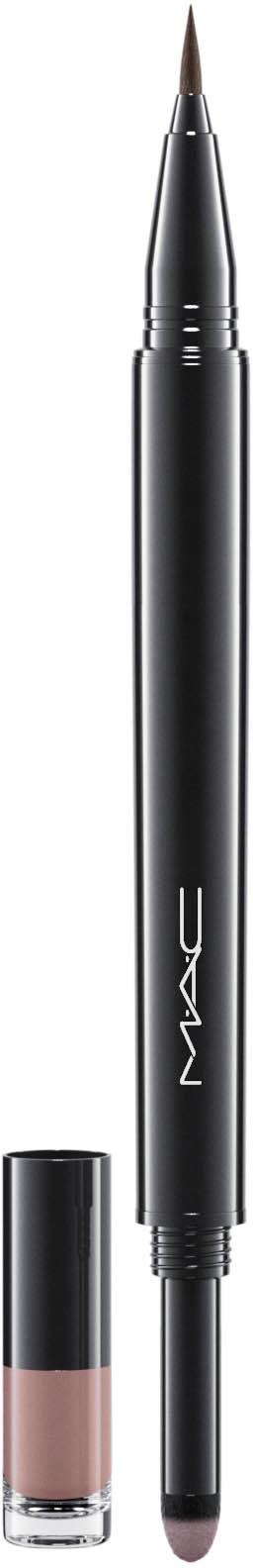 En svart makeuppensel med spetsig topp, ett silver varumärkeslogotyp och en rosa-brun makeupprodukt i närheten.