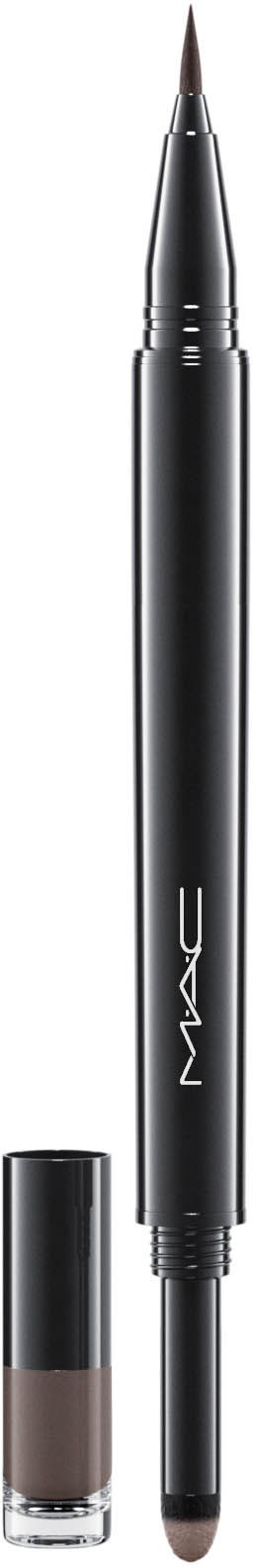 En svart flytande eyelinerpenn med en fin spets och en liten behållare med matchande mörk eyeliner.