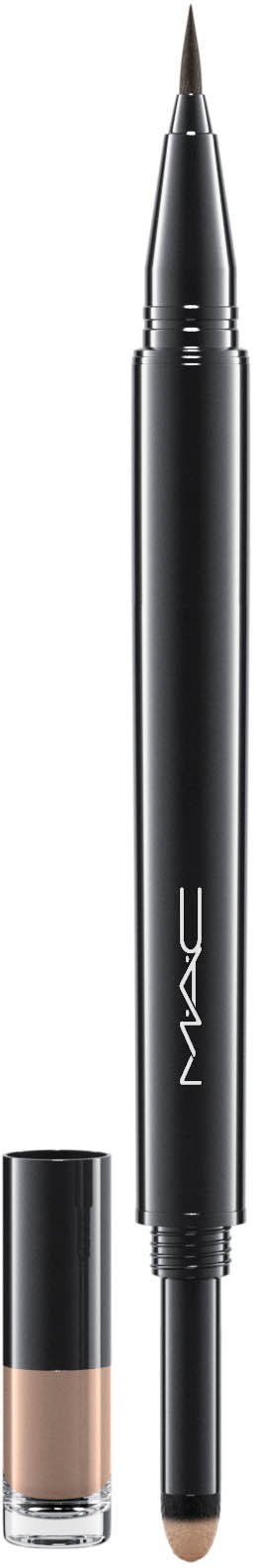 En svart penna med fin spets, ett separat lock och ett beige flytande foundation-förpackning.