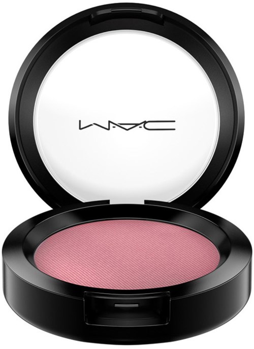 Rosa blush i en svart öppen compact med spegel, med MAC-loggan på spegeln.