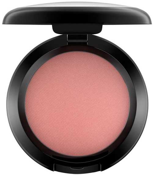 Een ronde make-up blush met een zwarte deksel, roze kleur, in één zwarte container.