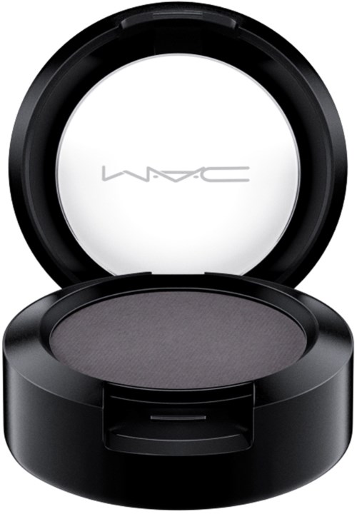 A black round makeup compact with a mirror and dark pressed powder inside.